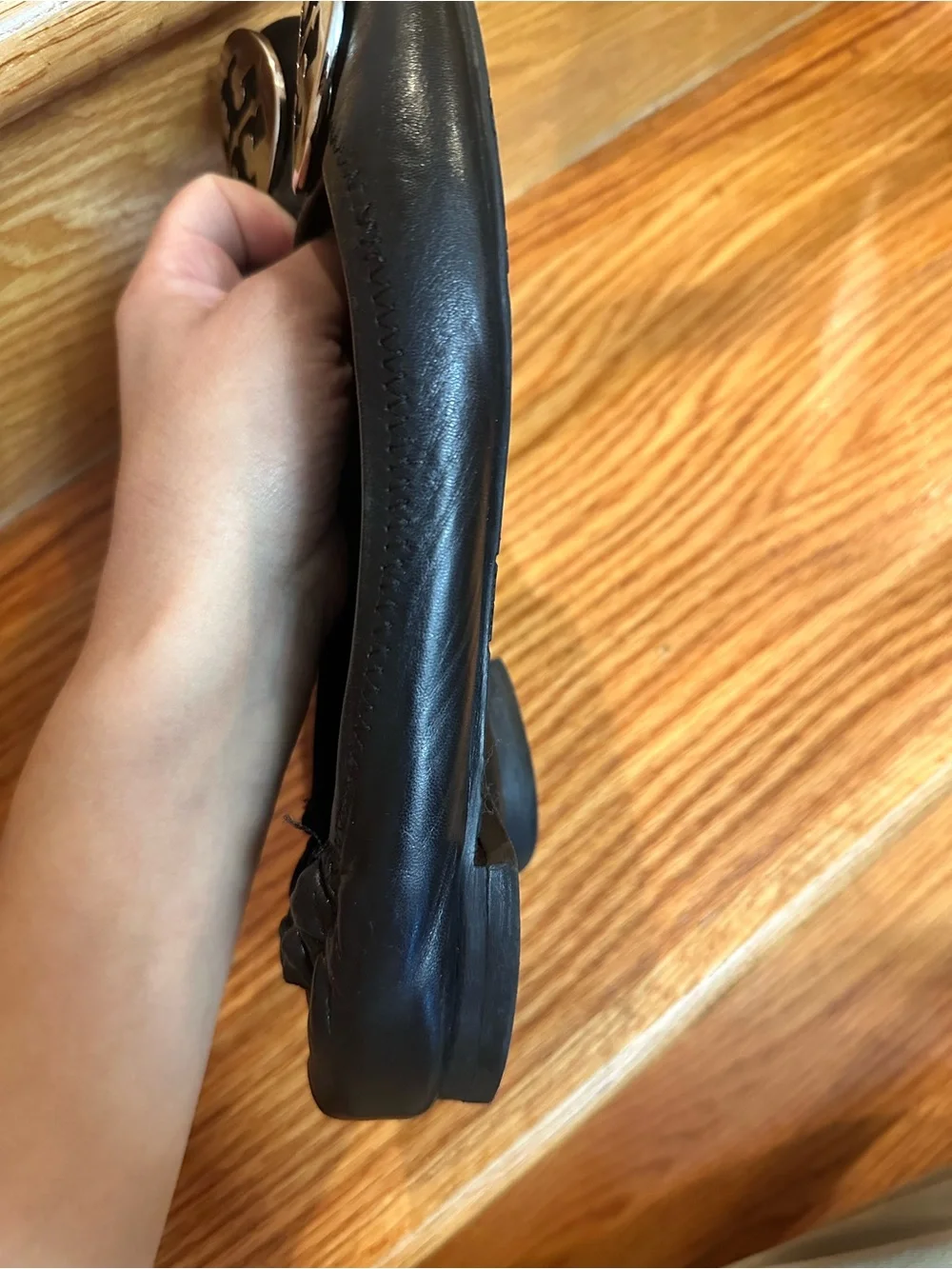 Tory Burch Black Leather Logo Ballet Flats with Silver Emblem
